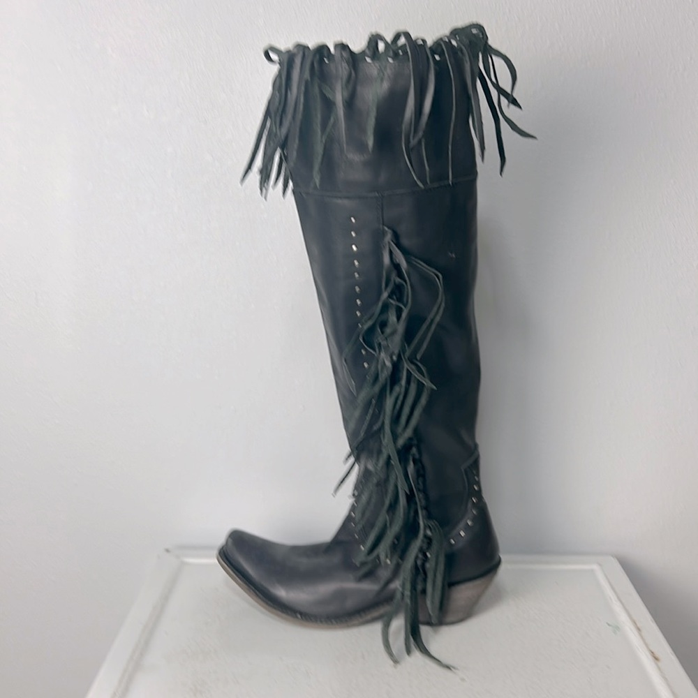 EUC Liberty Black leather stud fringe over the knee cowboy pirate rocker boots 9